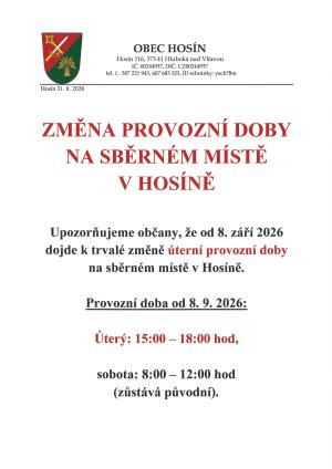 Změna provozní doby sběrného místa v Hosíně 1